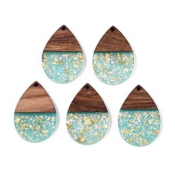 Средний Бирюзовый Подвески из непрозрачной смолы и орехового дерева, слезинки, с блестящей пудрой и золотой фольгой, средне бирюзовый, 36x24.5x3~3.5 мм, отверстие : 2 мм