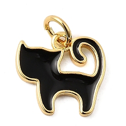 Черный Латунь эмаль прелести, долговечный, без свинца и без кадмия, с целью перехода в кольце, кошачье очарование, стойки покрытие, реальный 18 k позолоченный, чёрные, 12.5x13.5x1.5 мм, отверстие : 3.5 мм