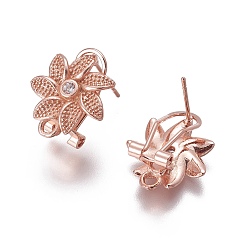 Розовое Золото Латунные серьги-гвоздики из циркония, с петлей, цветок, прозрачные, розовое золото , 17x15x9 мм, отверстие : 1.8 мм, штифты : 0.7 мм
