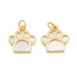 Real 16K Gold Plated Brass with White Shell Pendants, Paw Print Charms, Real 16K Gold Plated, 13x13x2mm, Hole: 3mm