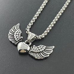 Нержавеющая Сталь Цвет Модные ожерелья из нержавеющей стали с подвеской в виде сердца и крыльев ангела для мужчин, цвет нержавеющей стали