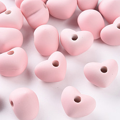 Pink Acrylic Beads, Rubberized Style, Half Drilled Beads, Heart, Pink, 14.5x18.5x13.5mm, Hole: 3.5mm
