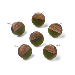 Темно-оливково-зеленый Серьги-гвоздики из непрозрачной смолы и орехового дерева, с 316 штифтов из нержавеющей стали, плоско-круглые, темно-оливковый зеленый, 10 мм, штифты : 0.7 мм