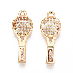 Настоящее золото 18K Латунные микро проложить кубического циркония подвески, ракетка, реальный 18 k позолоченный, 22x8x3 мм, отверстие : 1.4 мм