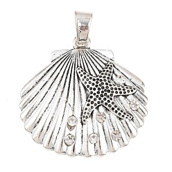 Античное Серебро Тибетский стиль сплав горный хрусталь большие кулоны, ракушка с подвесками в виде морских звезд, античное серебро, 53.5x52x5 мм, отверстие : 12x6 мм