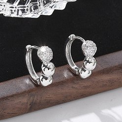 Платина Серьги-кольца из латуни с прозрачным кубическим цирконием, круглые, платина, 12.5x4.5x14.5 мм