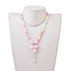 Mixed Color Kids Acrylic Pendant Necklaces, with Glass Seed Beads, Round & Bowknot, Mixed Color, 17.91 inch(45.5 cm)