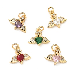 (52) Непрозрачная лаванда Латунные микро проложить кубического циркония подвески, подвески в виде сердца и крыльев, без свинца и без кадмия, стойки покрытие, долговечный, реальный 18 k позолоченный, разноцветные, 10x12x3 мм, Перейти кольцо: 4x0.8 мм, 2.5 мм внутренним диаметром