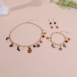 Золотой Комплекты из ожерелий, серег и браслетов с подвесками из эмалевого сплава и пластика на Хэллоуин, тыква/летучая мышь/луна, золотые, колье: 15.75 дюйм (40 см)