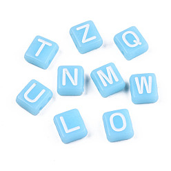 Темно-Голубой Непрозрачные акриловые многожильных ссылки, для изготовления эластичных браслетов, прямоугольник со случайной буквой, глубокое синее небо, 8x9x4.5 мм, отверстие : 1.5 мм, Около 1900 шт / 500 г