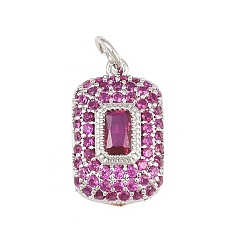 Violet Brass Micro Pave Cubic Zirconia Pendantss, Rectangle Charms, Rack Plating, Long-Lasting Plated, Lead Free & Cadmium Free, Platinum, Violet, 17x10x4mm, Hole: 3.3mm