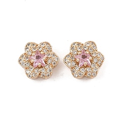 Бледно-Розовый Стойки обшивки латунь микро проложить кубического циркония бусы, долговечный, без свинца и без кадмия, реальный 14 k позолоченный, цветок со звездой, розовый жемчуг, 11.5x10.5x6.5 мм, отверстие : 1.8 мм
