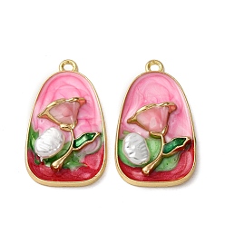 Бледно-Розовый Сплав эмали цветочные кулоны, подвески-слезинки с искусственным жемчугом и блестящей пудрой, стойки покрытие, золотой свет, розовый жемчуг, 31x18x5 мм, отверстие : 2 мм