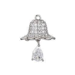 Платина Покрытие стойки латунь с подвесками из фианита, долговечный, без свинца и без кадмия, колокол прелести, платина, 20.5x16x16 мм, отверстие : 1.2 мм