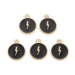 Черный Подвески из эмали и сплава, без кадмия и без свинца, золотой свет, плоские круглые с молнией, чёрные, 16x13x2 мм, отверстие : 1.6 мм