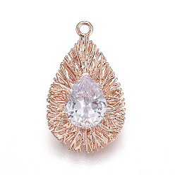 Rose Gold Brass Pendant, with Cubic Zirconia, teardrop, Clear, Rose Gold, 23x13.5x4mm, Hole: 1.5mm