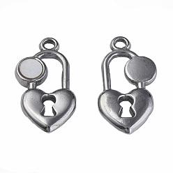 Stainless Steel Color 304 Stainless Steel Charms, with White Shell, Heart-Shaped Lock, Stainless Steel Color, 20x11x2.5mm, Hole: 1.6mm