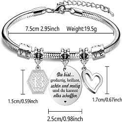 Нержавеющая Сталь Цвет День рождения 201 браслеты с подвесками из нержавеющей стали, браслеты из змеиной цепи для женщин, шестиугольник, сердце и овал, цвет нержавеющей стали, 3 дюйм (7.5 см)