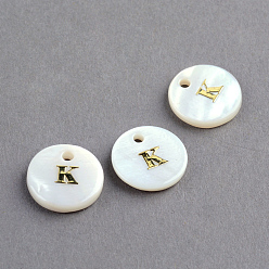 Letter K Подвески из пресноводных оболочек, плоский круглый с золотой блокировкой letter.k, 11.5x2 мм, отверстие : 1.5 мм