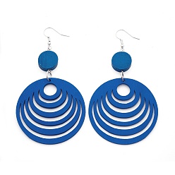 Королевский синий Элегантная мода плоские круглые деревянные болтаться серьги, с платиновым покрытием серьги железа крючки, королевский синий, 90 мм , штифт: 0.8 мм