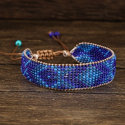 Синий Плетеные браслеты из стеклянных бусин в стиле бохо, этнические шнуровые браслеты для женщин, синие, внутренний диаметр: 1/4 дюйм(0.8см) ~ 3/8 дюйм(1см)