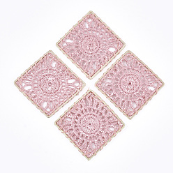 Фламинго Поликоттон (полиэстер хлопок) тканые подвесные украшения, с латунной фурнитурой , квадрат с плоской раунде, золотой свет, фламинго, 30x30x1 мм