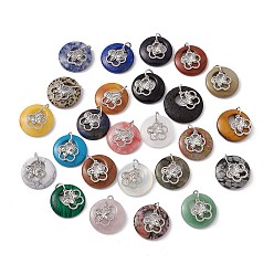 Смешанные камни Природные и синтетические смешанные каменные подвески, плоские круглые прелести, цветок из латуни платинового оттенка с фурнитурой в виде бабочки, без кадмия, без никеля и без свинца, смешанные окрашенные и неокрашенные, 30~35x28~32x10~10.5 мм, отверстие : 2 мм