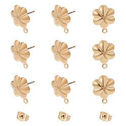 Golden 201 Stainless Steel Stud Earring Findings, with Ear Nuts/Earring Backs and Loop, Long-Lasting Plated, Flower, Golden, 13.5x10mm, Hole: 1mm, Pin: 0.8mm, 10pcs/box
