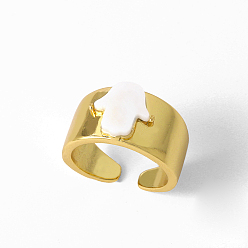 Hamsa Hand Регулируемые латунные манжеты с открытыми кольцами-ракушками для женщин, золотые, хамса рука, внутренний диаметр: 16мм~18мм