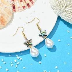 Estrella Pendientes colgantes de concha de abulón natural y perlas de concha, 304 aretes colgantes de acero inoxidable para mujer, dorado, estrella, 52x12~12.5 mm