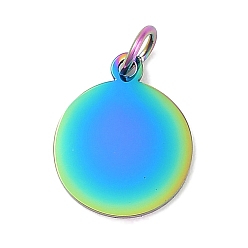 Rainbow Color Ионное покрытие (ip) 304 подвески из нержавеющей стали, с целью перехода в кольце, плоский круглый шарм, пустая бирка с зеркальной полировкой, Радуга цветов, 14.5x12x1 мм, отверстие : 3.5 мм