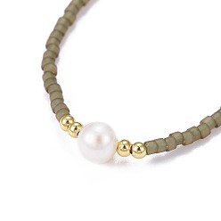 Dark Khaki Adjustable Nylon Cord Braided Bead Bracelets, with Japanese Seed Beads and Pearl, Dark Khaki, 2 inch~2-3/4 inch(5~7.1cm)