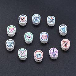 Mixed Color Handmade Polymer Clay Beads, Oval with Mask Pattern, Mixed Color, 10x8.5x4.5mm, Hole: 1.6mm