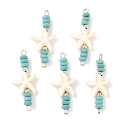 Белый Подвески-коннекторы в виде бусины-рондель из окрашенной синтетической бирюзы в виде морской звезды, с 304 петлями из нержавеющей стали, цвет нержавеющей стали, белые, 34.5x13.5~14.5x5 мм, отверстие : 1.8~2 мм