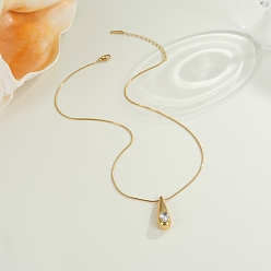Golden 304 Stainless Steel Pave Clear Cubic Zirconia Pendant Necklaces, Teardrop, Golden, 15.75 inch(40cm)