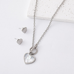 Stainless Steel Color 304 Stainless Steel Stud Heart Earrings & Pendant Necklaces Sets for Women, Stainless Steel Color, 510mm