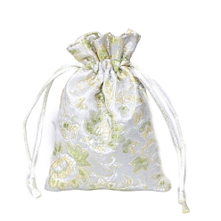 Light Green Chinese Style Rectangle Satin Cloth Flower Printed Drawstring Gift Bags, Storage Bags, Light Green, 12x9cm