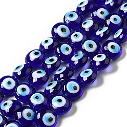 Blue Handmade Evil Eye Lampwork Beads Strands, Flat Round, Blue, 12.5x7.5mm, Hole: 1.6mm, about 33pcs/strand, 15.12''(38.4cm)