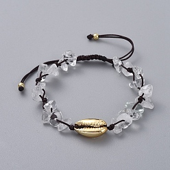Quartz Crystal Adjustable Chip Natural Quartz Crystal Braided Bead Bracelets, with Electroplated Cowrie Shell Beads, Golden Plated Brass Beads and Nylon Thread, 5.4~8.8cm