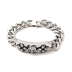 Stainless Steel Color Tarnish Resistant 304 Stainless Steel Rectangle with Skull Link Bracelet with Curb Chains for Men Women, Stainless Steel Color, 8-5/8 inch(21.9cm)