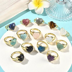 Смешанные камни Латунные манжеты с открытыми кольцами, с натуральным и синтетическим драгоценным камнем, сердце, граненые, стойки покрытие, долговечный, золотые, размер США 8 1/2 (18.5 мм)