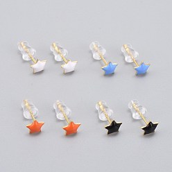 Gemischte Farbe Messing-Emaille-Ohrstecker, mit Kunststoff-Ohrmuttern, langlebig überzogen, Stern, echt 18 k vergoldet, Gemischte Farbe, 6x6 mm, Stift: 0.8 mm