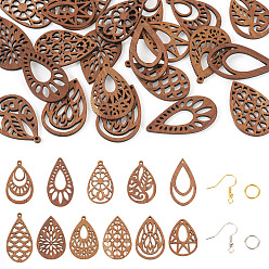 Верблюжий Наборы для создания подвесных сережек своими руками, включают 22шт. подвески из орехового дерева в форме капли, 44 шт латунные серьги крючки, 44шт кольца прыжок, верблюжие, 38~49x26~29x2~2.5 мм, отверстие : 1.8~2 мм