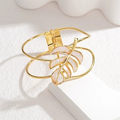 Персиковый Слойка 304 браслеты из нержавеющей стали со стеклянными шарнирами для женщин, лист, реальный 18 k позолоченный, розовые, внутренний диаметр: 2x2-1/2 дюйм (5.2x6.45 см)