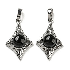 Обсидиан Природные подвески обсидиана, стойки обшивки латунь звезды прелести, платина, без кадмия и без свинца, 32x20x9 мм, отверстие : 8x5 мм