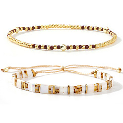 Mixed Color Glass Beaded Stretch Bracelet Sets, with Slider Bracelets, Adjustable Stackable, Golden, Mixed Color, 6.50 inch(16.5cm) and 11.02 inch(28cm), 2pcs/set