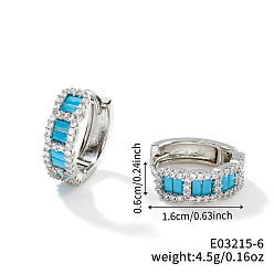 Бирюза Серьги-кольца из латуни с микропаве из кубических цирконий для женщин, серебряные, бирюзовые, 14x6 мм