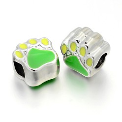 Зеленый газон Не содержащие никель и не содержащие свинца серебряные цвета с эмалью из сплава европейские бусины, бусины с большим отверстием, с рисунками собачих следов, зеленый газон, 11x10x7 мм, отверстие : 4.5 мм