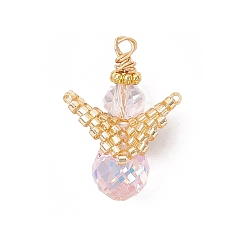 Бледно-Розовый Стеклянные подвески, ангел, со стеклянным бисером и медной проволокой, граненые, розовый жемчуг, 22x15x11 мм, отверстие : 1.8 мм