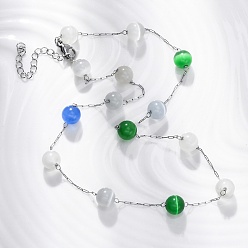 (52) Непрозрачная лаванда 304 круглые бусины кошачий глаз из нержавеющей стали, ожерелья ручной работы для женщин, цвет нержавеющей стали, разноцветные, 17.01 дюйм (43.2 см)